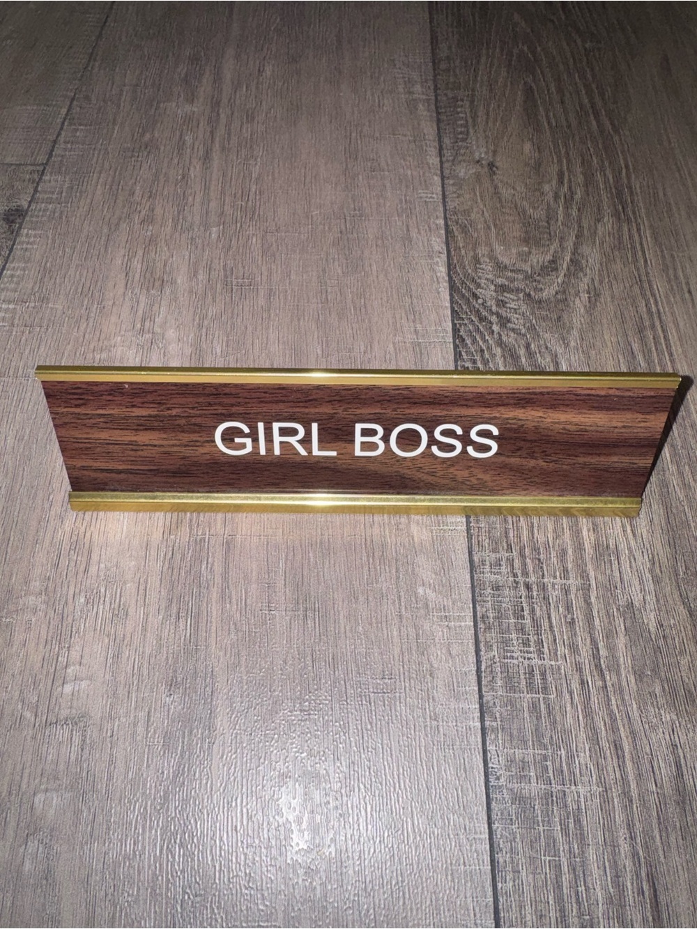 GIRL BOSS Desk Name Plate - Brown Wood Look with Gold Trim